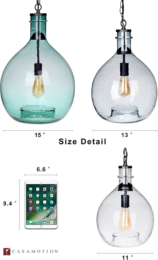 CASAMOTION Green Pendant Lights Kitchen Island Hand Blown Glass Large Entryway Foyer Hanging Light Fixtures Modern Rustic Style Dining Room Hallway Globe Shade 13 Inch Diam