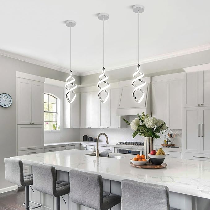 3 Packs Pendant Light, 15W Spiral Led Pendant Light, 4500K Modern Pendant Lights Kitchen Island, Adjustable Height Pendant Light for Dining Room Bedroom Kitchen Island Cafe