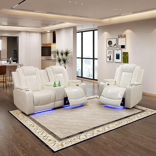Power Leather Recliner Sofa Set with LED Light,Reclining Loveseat and Chair Set with Storage Console/USB Charger/Cup Holder,Leather Couch for Living Room Furniture(2+1 Seats,Cream Stripes)
