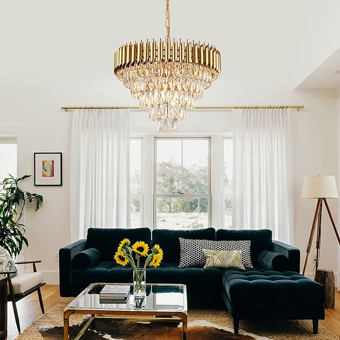 AXILIXI Modern Crystal Chandelier Gold, 24" Round Chandeliers for Dining Room K9 5 Tiers Ceiling Pendant Light Fixtures Golden Large Raindrop Flush Mount Chandelier for Foyer Living Room Staircase
