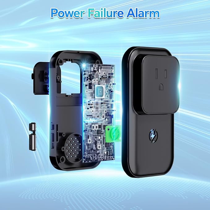 Power Failure Alarm WiFi, 110dB Frezzer Smart WiFi Power Outage Alarm with LED Indicator, Blackout App Alerts Smart Power Failure Detector for Refrigerator, GFCI Trips, Sump Pump（ WiFi Black-1PC