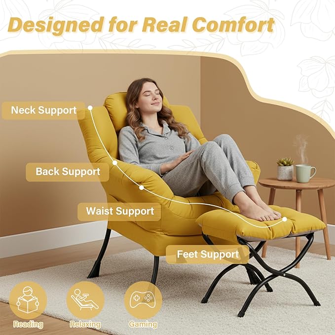 Lazy Chair with Ottoman, Large Accent Yellow Velvet Chair with Side Pocket, Modern Leisure Upholstered Sofa Reading Armchair with Footrest for Office, Bedroom, Living Room, Dorm Rooms, Balcony