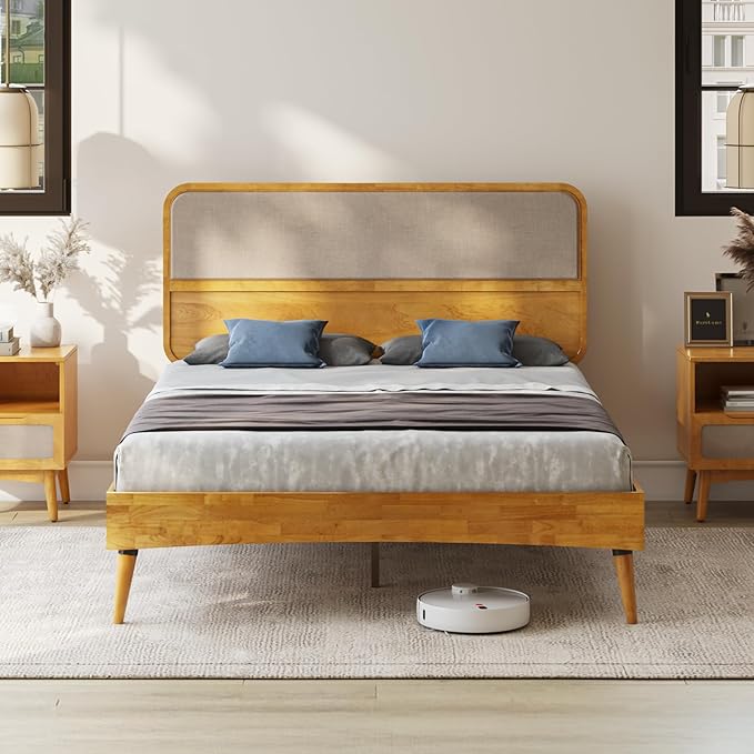 Bme Calista Queen Size Bed Frame – Solid Wood Platform Bed with Upholstered Headboard, Teak Brown Finish, Mid-Century Modern Style with Sturdy Slats & Tapered Legs, No Box Spring Needed