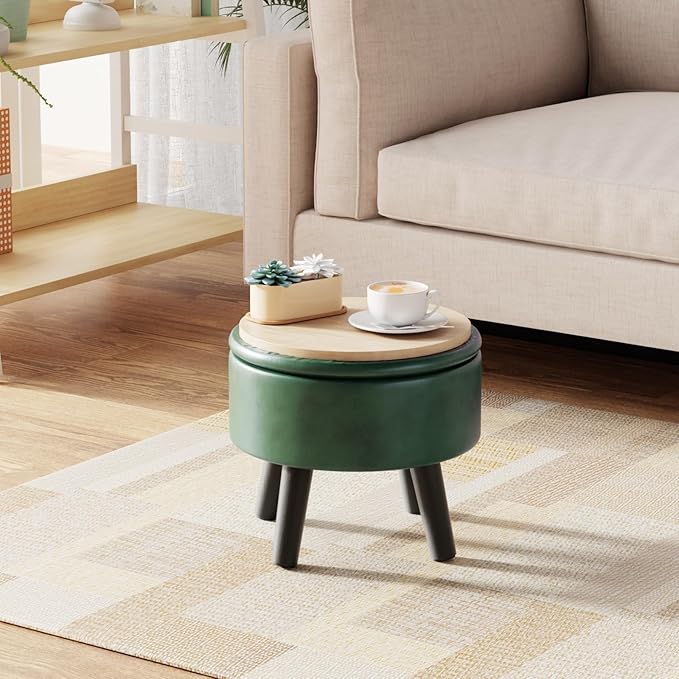 Small Foot Stool Ottoman with Storage, Faux Leather Ottoman Foot Rest for Couch, Round Footstool Ottomans for Living Room (Green)