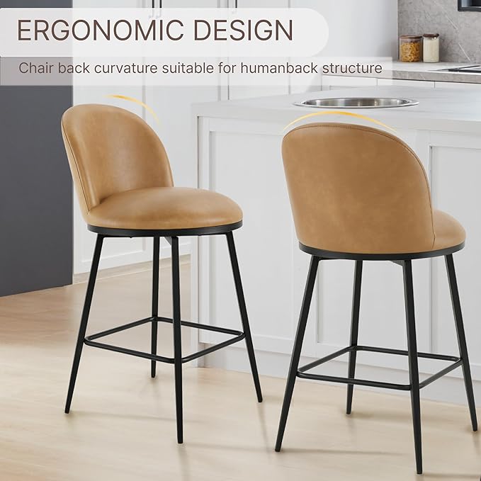 Swivel Bar Stools Set of 2, 26" H Upholstered Faux Leather Barstools with Backs,Counter Height Stools with Metal Legs for Kitchen Island,Brown,1 Box