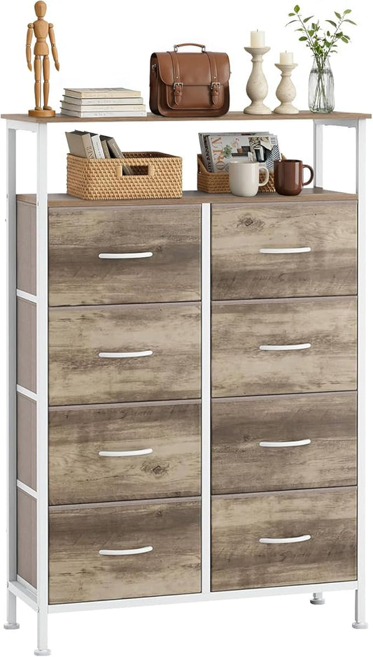 8 Drawers Dresser with Open Shelf, 46" Tall Storage Organizer Chest of Drawer with Wooden Top, Sturdy Metal Frame for Bedroom, Hallway, Living Room, Greige Oak