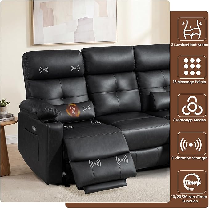 Power Reclining Sofa with Heat and Massage| RV Wall Hugger Recliner Sofa with Electric Tilt | RV 3 Seater Recliner Sofa for Living Room(Sofa Black) | 3 seater