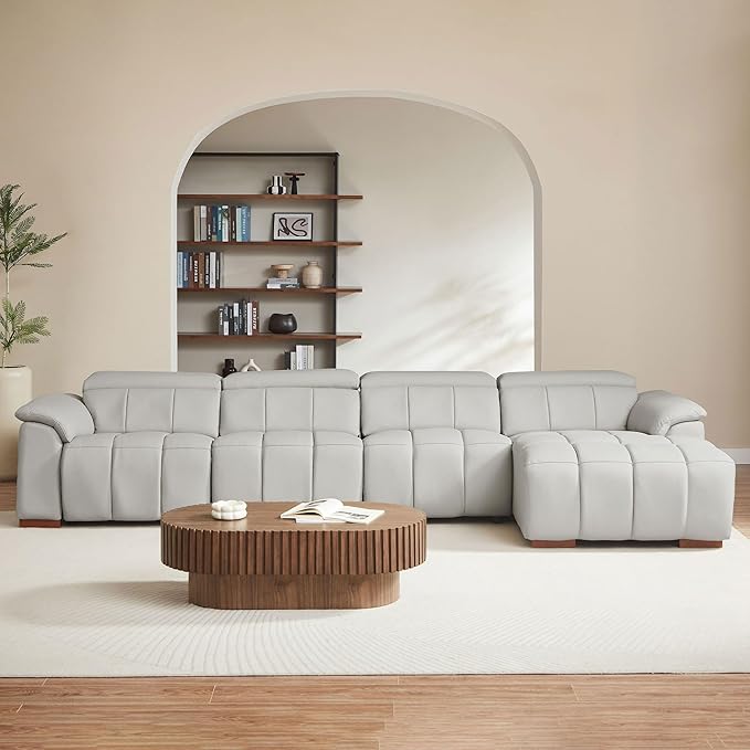 KEIKI 145" L-Shaped Genuine Leather Wall-Hugger Reclining Sofa with Right Chaise, Adjustable Backrest & Footrest, Modern Electric Control 4-Seater Couch with USB, for Living Room, Light Grey
