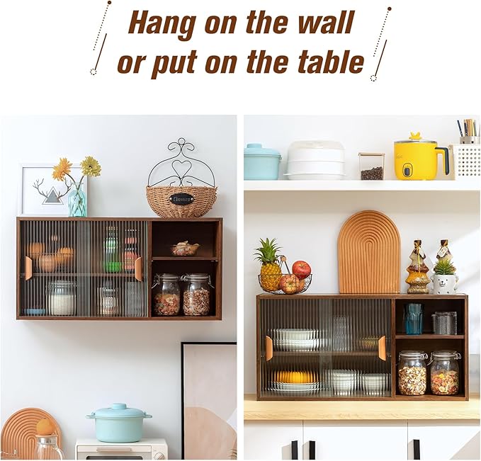 HollyHOME Bamboo Wall Mounted Kitchen Sideboard with 2 Glass Doors and Adjustable Shelves, Freestanding Wall Storage Cabinet with Side Shelf for Bottle, Dish, Bowl, Console Dining Cupboard, Walnut