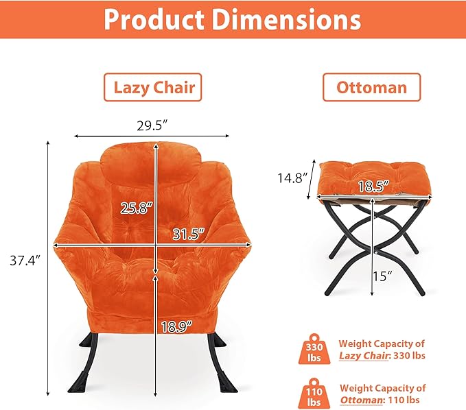 Lazy Chair with Folding Ottoman, Accent Chair Plush Upholstered with Metal Structure and Non-Slip Pads, Sofa Armchair with Footrest and Side Storage Bag for Dorm, Room, Office, Orange
