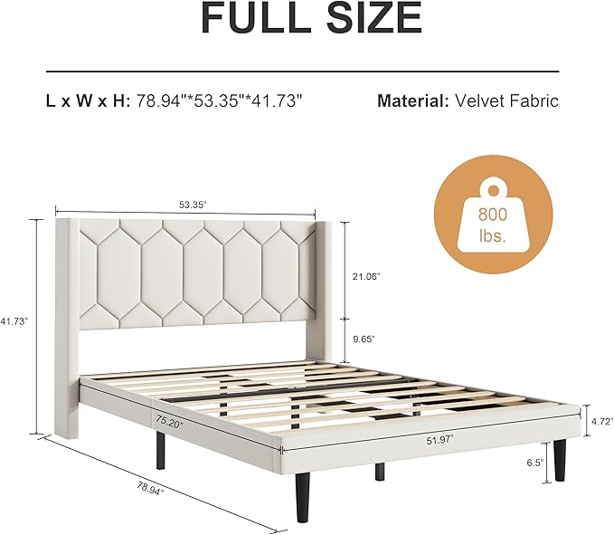 Full Size Bed Frame with Velvet Upholstered Headboard, Platform Bed Frame No Box Spring Needed, Modern Bedframe with Strong Wooden Slats, Beige
