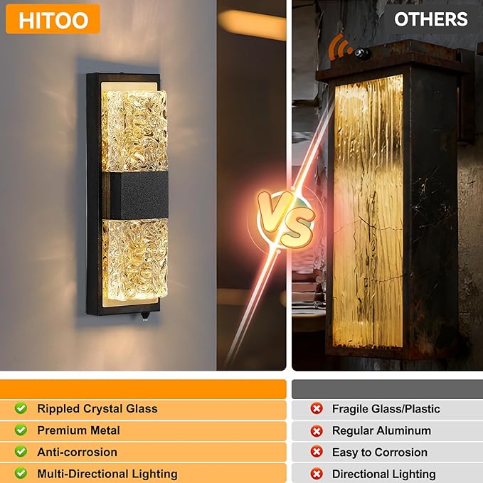 Dusk to Dawn Outdoor Lighting,Exterior Lighting Fixtures IP65 Waterproof Porch Lights Outdoor 12W LED Crystal Modern Outside Wall Sconce for Porch Hallway Doorway Patio,14.2'' Back&Gold 2PCS