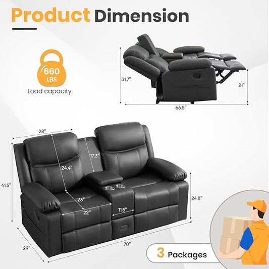 Reclining Loveseat Recliner Sofa with Massage & Heating, Reclining Loveseat with Console, RV Wall Hugger Double Loveseat Recliner Couch for Living Room & Home Theater (Grey)