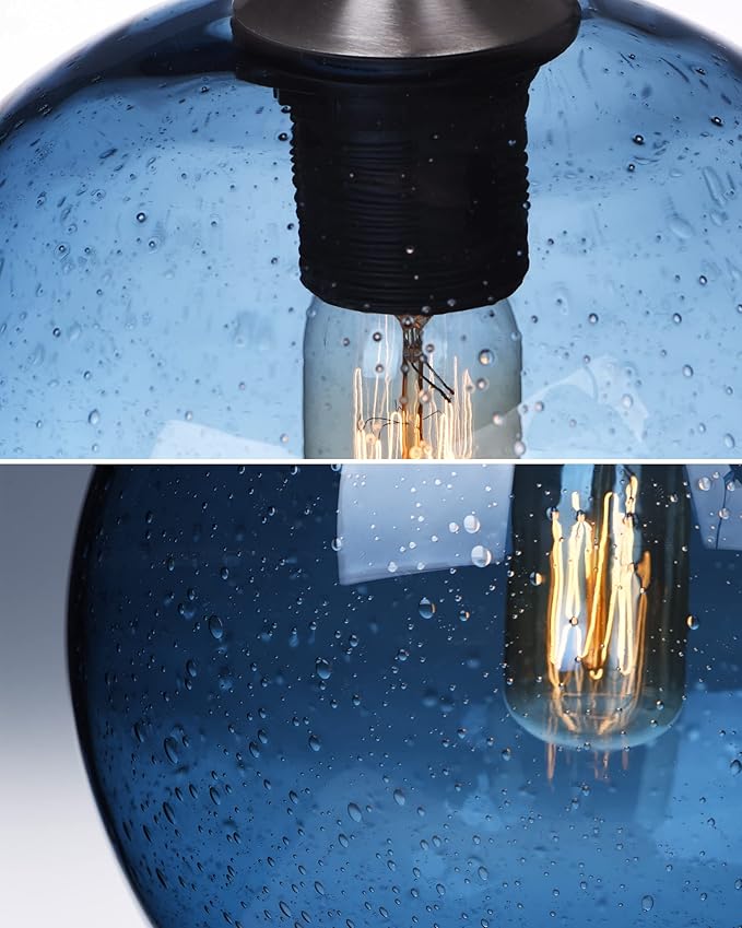 ARIAMOTION Pendant Lights Kitchen Island Blue Glass Lighting Modern Globe Ceiling Hanging Fixtures Seeded Bubble Bedside 8.7 Inch Diam 2-Pack Brushed Nickel