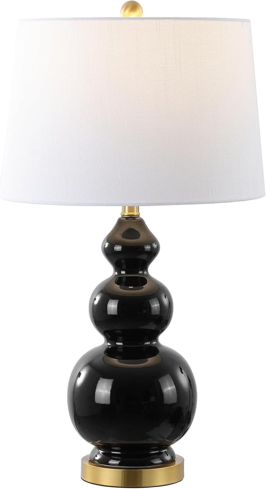 JONATHAN Y 27.5" Black/Brass Gold Modern Ceramic Gourd Table Lamp for Living Room, Large Bedside Nightstand Lamp for Bedroom, White Linen Drum Shade, LED Bulb Included (JYL4023C)