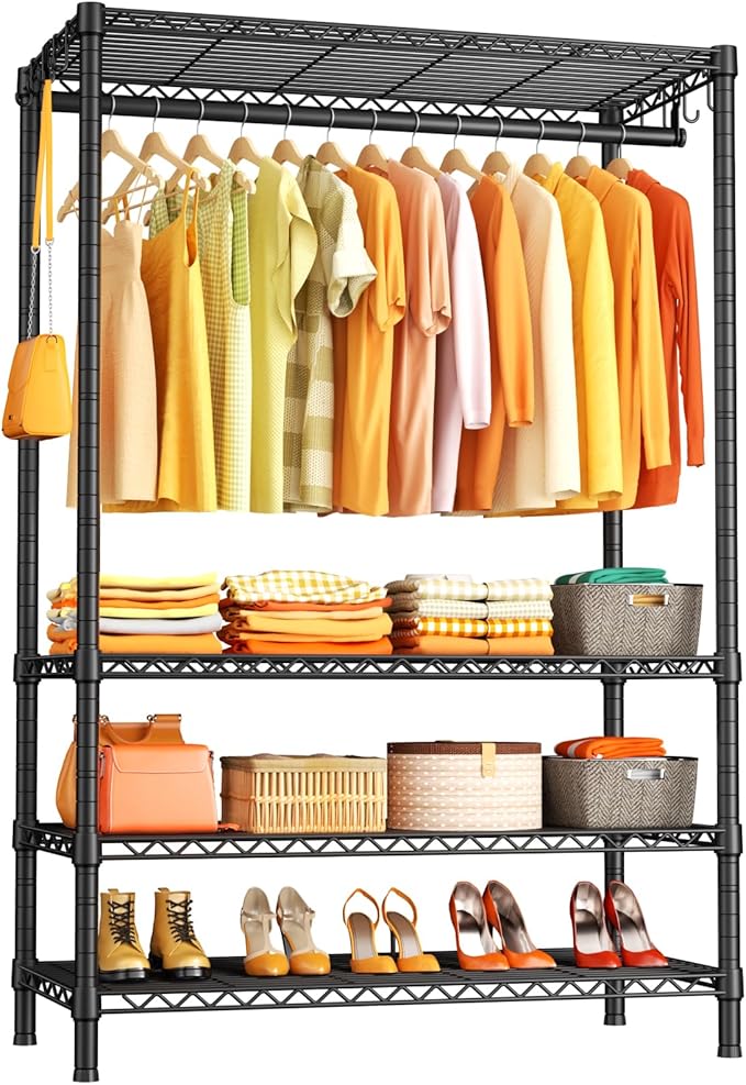 Ulif H4 Plus Portable Closets, 4-Tier Clothes Garment Rack for Bedroom and Cloakroom, Metal Clothing Storage and Organizer Wardrobe System, 45" W x 14" D x 76.4" H, Load 522lbs, Black
