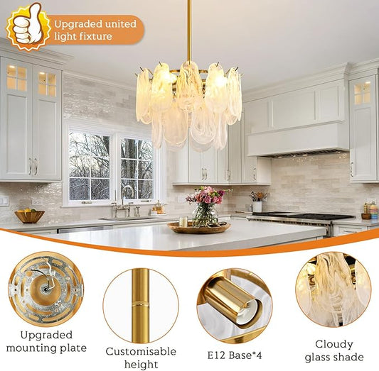 Modern Gold Cloud Glass Chandeliers, 15.7 Inches Creative Crystal Pendant Ceiling Fixture, 2 Tier Luxury Height Adjustable Chandelier, 4-Light for Bedroom Living Room Dining Room Hallway Foyer (E12)