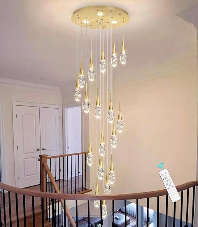 18-Lights 138 Inches Modern Chandelier LED Light Fixtures High Ceiling Long Light Chandelier for Entrance Foyer Dimmable Lights with Remote Living Room Ceiling Pendant Lighting Drop Lights Shine Gold