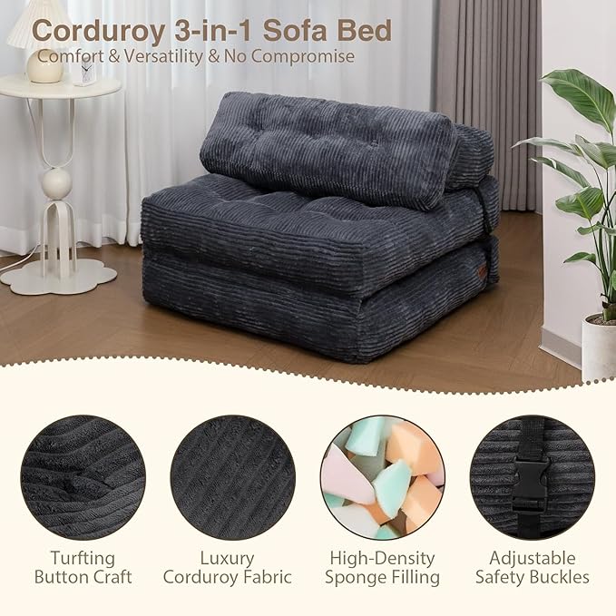Folding Sofa Bed, Folding Chair Bed with Pillow, Convertible Lazy Sofa Bed with High-Density Support Foam, Fold Out Chair for Small Spaces Living Room Bedroom, Dark Grey