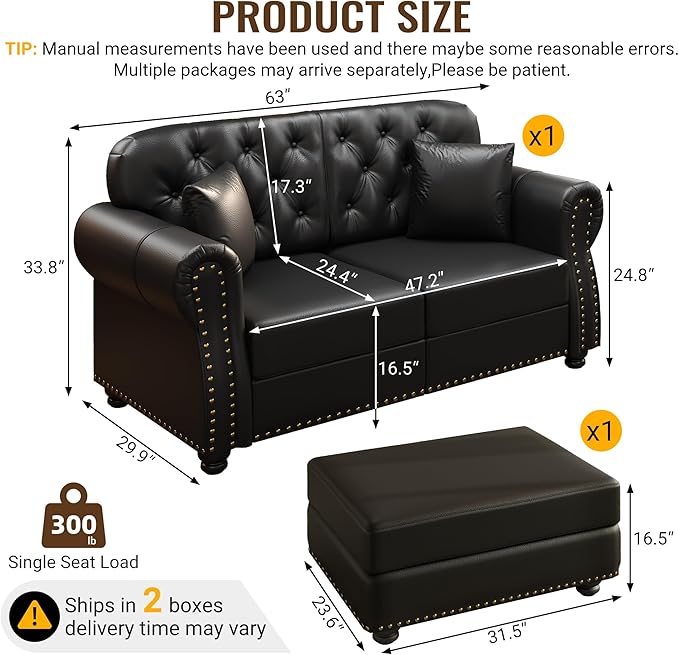 KEIKI 63" Faux Leather Chesterfield Sofa with Rolled Arms & Nailhead Trim & 1 Ottoman, 2-Seater Button Tufted Couch with High Resilience Cushion & 2 Pillow, Easy Assembly, for Living Room, Black
