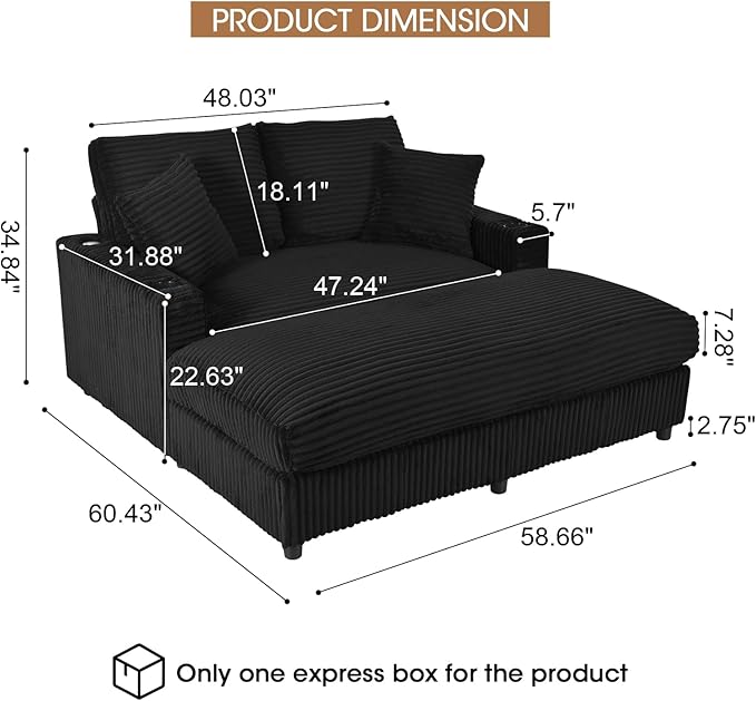 Eafurn 64" Oversized Chaise Lounge Chair Indoor, Plush Corduroy Upholstered Sofa Bed with Pillows & 2 Cup Holders, Extra Wide Deep Seat Sleeper Couch Recliner Chair for Living Room | Removable Cushions, Wooden Frame, Solid Legs