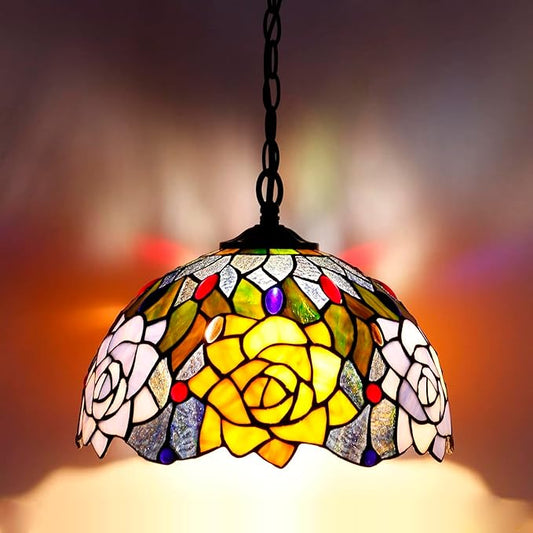 Tiffany Pendant Light Plug in 12 Inch Orange Red Rose Flower Stained Glass Hanging Lamp with Chain 33 Inch, Cord 15 Feet
