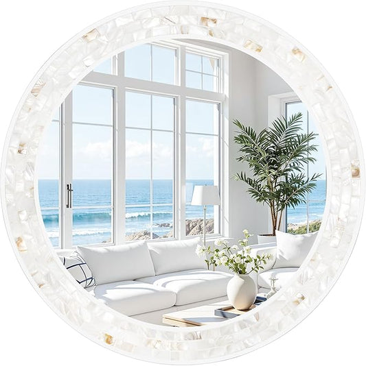 Tanmicoshomy Round Wall Mirror 28 Inch,Circle Mosaic Mirror with Natural Shell and Wood Frame, Decorative Coastal Round Wall Mirror for Bathroom Bedroom Living Room Entrayway
