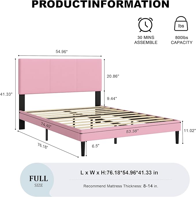 Full Size Bed Frame with Upholstered Headboard, Sturdy Wood Slats, No Box Spring Required, Silent, Easy Assembly,Pink