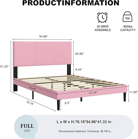 Full Size Bed Frame with Upholstered Headboard, Sturdy Wood Slats, No Box Spring Required, Silent, Easy Assembly,Pink