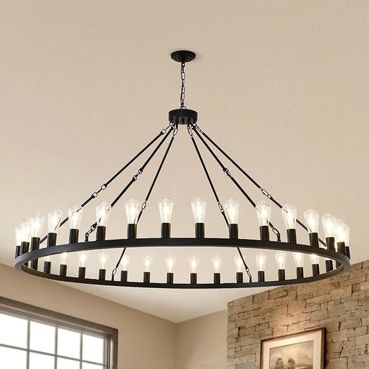 NILSE 64" Extra Large Black Farmhouse Chandelier, 36-Light Modern Wagon Wheel Chandelier for Foyer, Round Rustic Hanging Lighting for Living Room Dining Room Foyer Entryway, E26