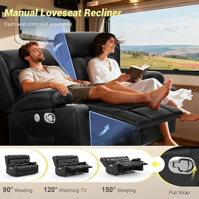 RV Loveseat Recliner Sofa, Reclining Loveseat Wall Hugger Recliners with USB Ports, Cup Holders, Insert Pockets, Home Theater Seating for Movie Room, Recline Movie Seats Gaming Sofa, Black