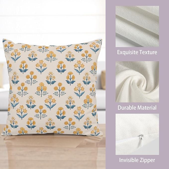 Blue Yellow Block Print Pillow Covers 18x18 Set of 2 Vintage Boho Floral Throw Pillows Case Fall Rustic Outdoor Pillowcases Modern Farmhouse Home Decor for Couch Sofa Living Room