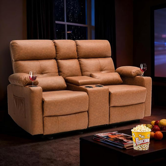 68'' RV Power Reclining Loveseat with Heat and Massage| RV Loveseat Recliner Sofa with Console| Double Reclining Couch with Cup Holder | Loveseat ReclinerTheater Seating(PU, Brown)