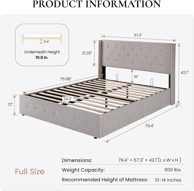 SHA CERLIN Full Size Lift Up Storage Bed Frame,Button Tufted Wingback Headboard,Upholstered Platform,Hydraulic Storage,Wooden Slat Support,No Box Spring,Light Beige