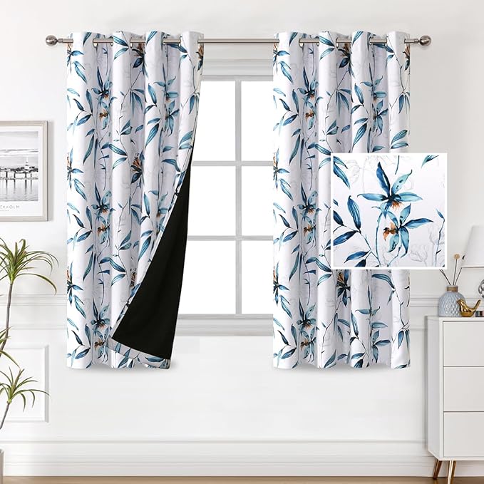 H.VERSAILTEX 100% Blackout Curtains 63 inch Length 2 Panels Set Printed Drapes Thermal Insulated Curtains for Bedroom with Black Liner Sound Proof Curtains, Bella Vista Indigo