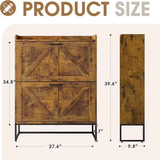 Shoe Cabinet, Shoe Storage Cabinet with 2 Flip Drawers & Adjustable Shelf, Space-Saving Shoe Organizer – Holds 16+ Pairs, Narrow Shoe Cabinet Storage for Entryway/Hallway（Brown）