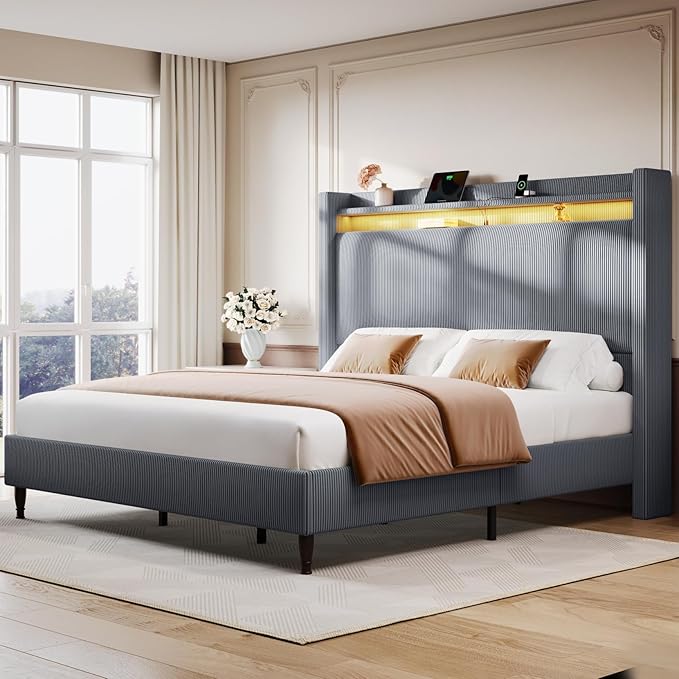 Queen Bed Frame with Tall Headboard, 55.3" Upholstered Platform Bed with LED Lights & Charging Station, Elegant Corduroy Bedframe, 2-tier Storage Wingback Headboard, No Box Spring Needed, Dark Grey