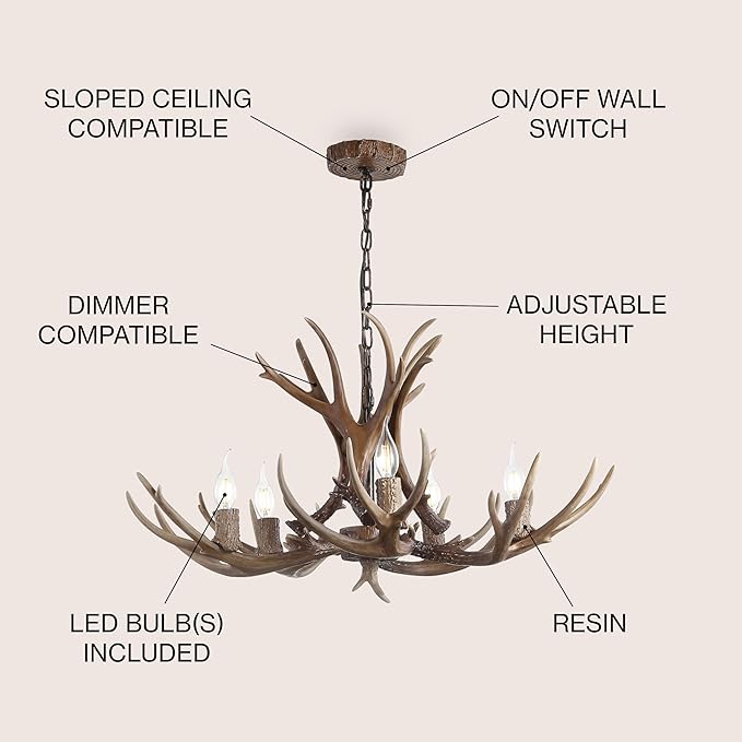 JONATHAN Y 26" Brown Rustic Resin Antler 4-Light LED Chandelier, Farmhouse Faux Deer Horn Hanging Ceiling Light for Dining Room, Kitchen Island, Adjustable Light Fixture (JYL6300A)