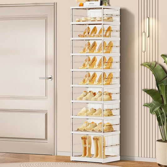 9 Tier Foldable Shoe Rack for Closet Entryway 9-18 Pairs Stackable Clear Shoe Storage Boxes with Lids Tall Shoes Shelf with Door Plastic Organizer Cabinet Easy Assembly