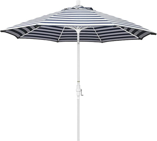 California Umbrella 9' Round Aluminum Pole Fiberglass Rib Patio Umbrella, Crank Lift, Collar Tilt, White Finish, Woven Navy/White Stripe