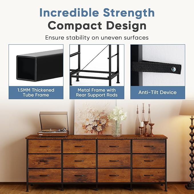 DUMOS TV Stand for Bedroom with Storage TV Stands for Living Room Rustic, 12 Drawer Dresser Farmhouse Entertainment Center for up to 80 Inch TVs, Media Console Table with Metal Frame Adjustable Feet