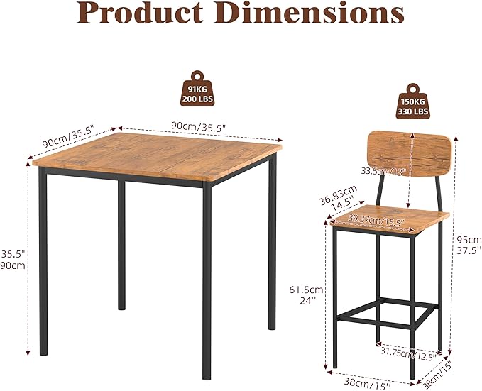 Kitchen Table and Chairs of 4, 5 Piece Dining Table Set, Sturdy Industrial Space Saving Dinette Set for Pub, Family Dinners, Apartment, Brown