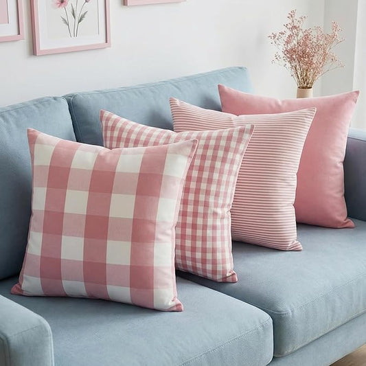 CARRIE HOME Farmhouse Pink Decorative Throw Pillow Covers 18x18 Inch Set of 4, Cute Light Pink Couch Pillow Covers 18 x 18， Spring Coquette Room Decor Boho Accent Cushion Covers for Sofa Bed