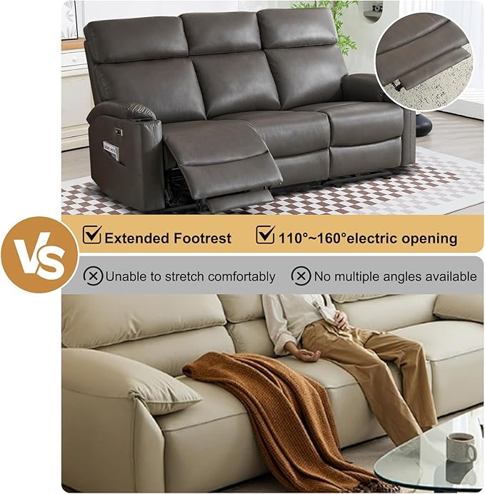 3 Seater Recliner Sofa Power Reclining Sofa,Power Recliner Couch 3 Seats with Extended Footrest for Living Room (Charcoal Gray)
