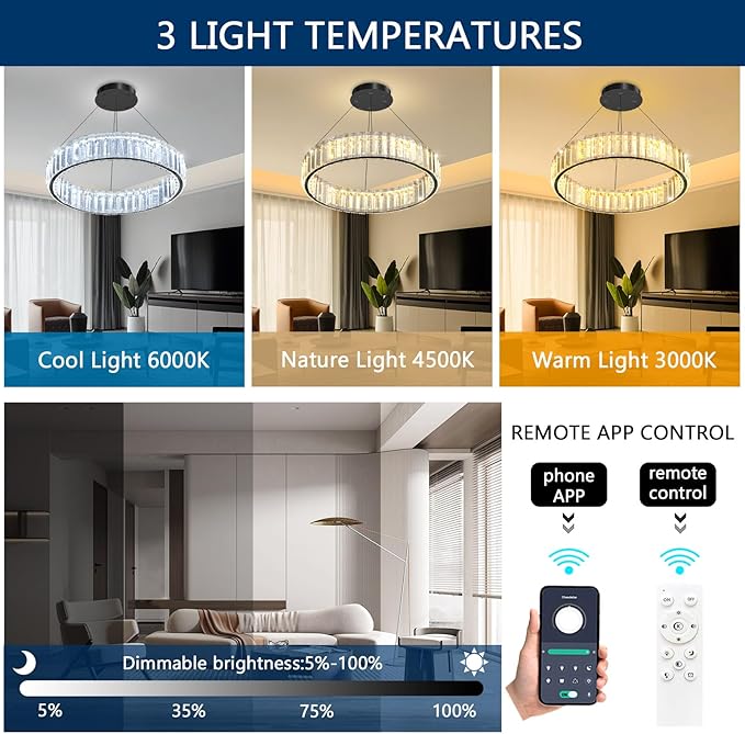 16'' Modern Ring Chandelier Crystal Chandeliers for Dining Room Round LED Dimmable Ceiling Light Fixture for Living Room Bedroom Lighting Black