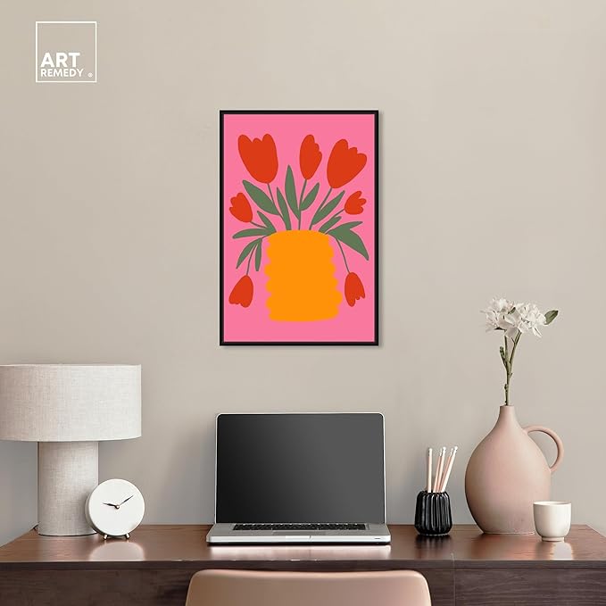 Art Remedy Bright Romantic Tulips Canvas Boho Colorful Wall Art, Black Frame, 16" x 24"