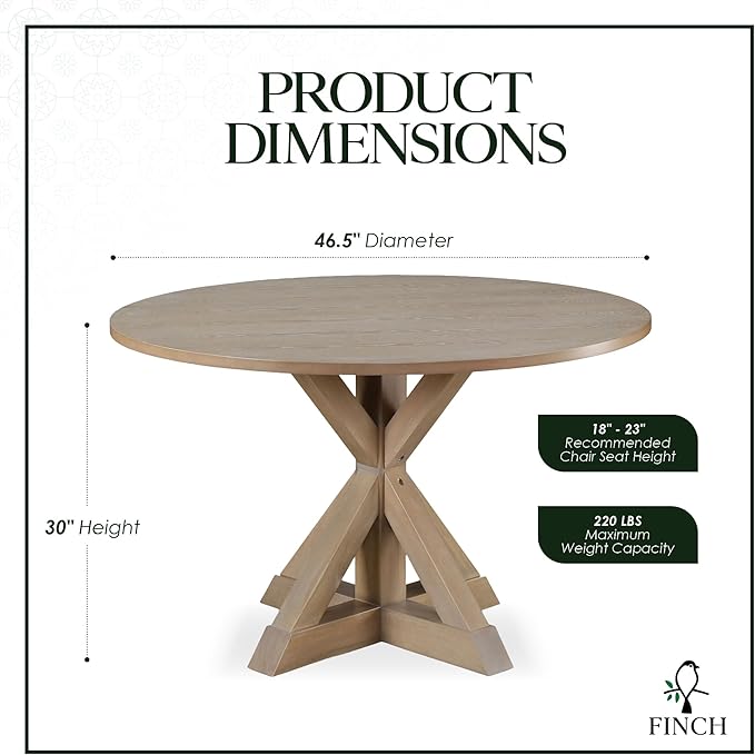 Finch Alfred Round Solid Wood Rustic Dining Table for Farmhouse Kitchen Room Decor, Wooden Trestle Pedestal Base, 46.5" Wide Circular Tabletop, Distressed Beige