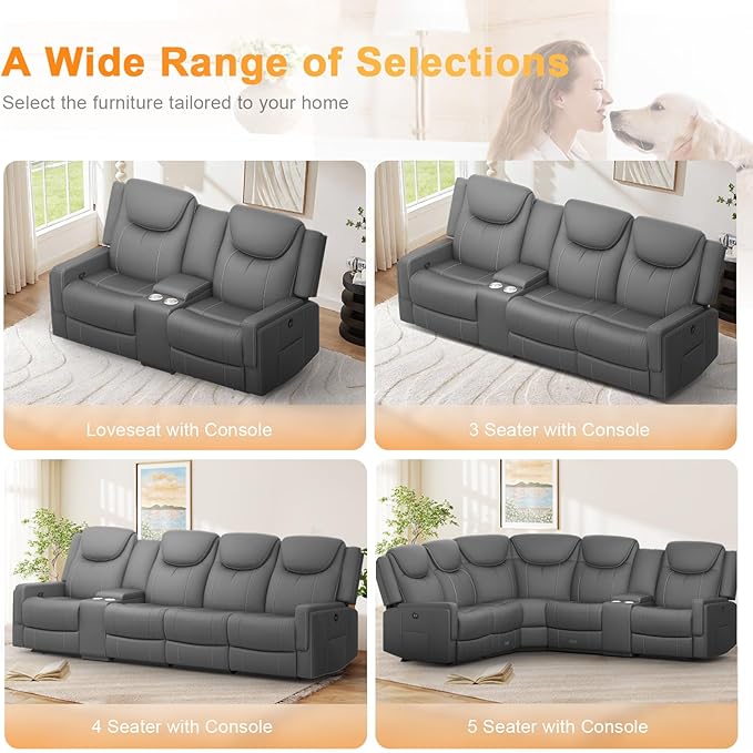 Dresegmt Home Theater Seating, Manual Recliner Sectional Sofa for Living Room, 5 Seater Reclining Sectional Couch with Flip-Up Backrest, Storage Console, USB Ports, L-Shaped Sofa PU Leather Gray