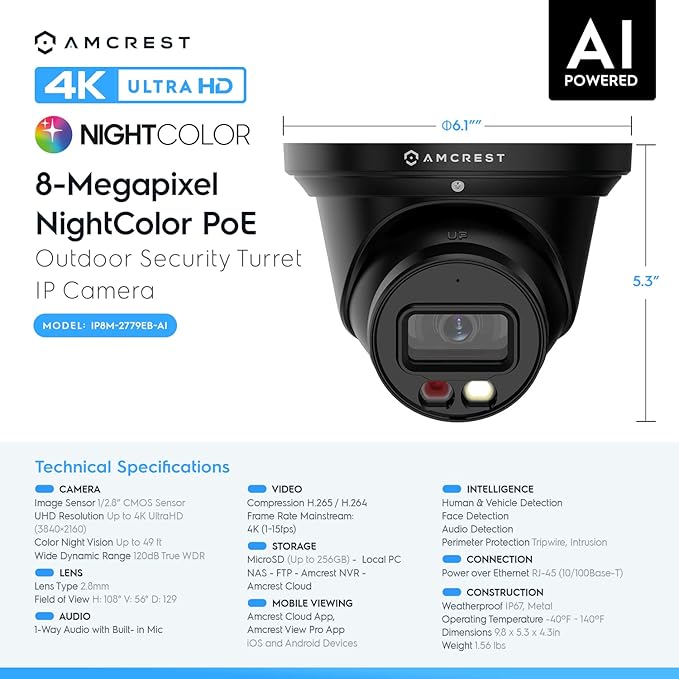 Amcrest 2-Pack UltraHD 4K (8MP) IP PoE AI Camera, 49ft Nightcolor, Security Outdoor Turret Camera, Built-in Mic, Human Detection, Active Deterrent, 129° FOV, 4K@15fps 2PACK-IP8M-2779EB-AI (Black)