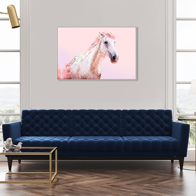 Country Farmhouse Canvas Print Painting Animal Wall Art 'Pink Glam Horse' Champagne Framed Canvas Rustic Home Décor 45x30 in Pink, White by Oliver Gal